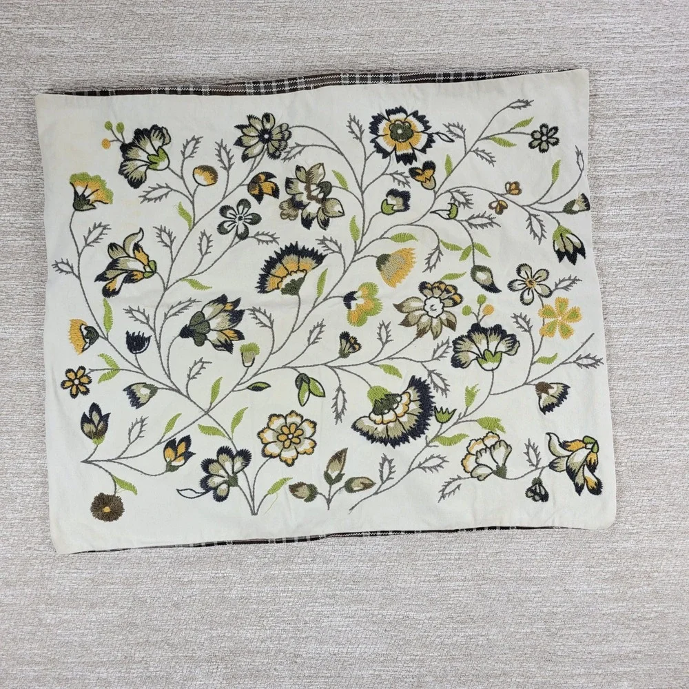 IKEA Alvine Lov Embroidered Floral Pillow Cover 20x24 Cream Cotton Plaid Back - Picture 10 of 16